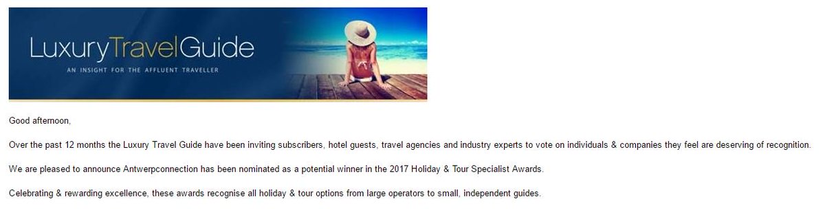 CarolienKrijnen's tweet photo. Kijk eens aan #antwerpconnection is genomineerd voor 2017 #HolidayandTourSpecialistAward van @LuxuryTravGuide #trots https://t.co/y8a3s51J2C