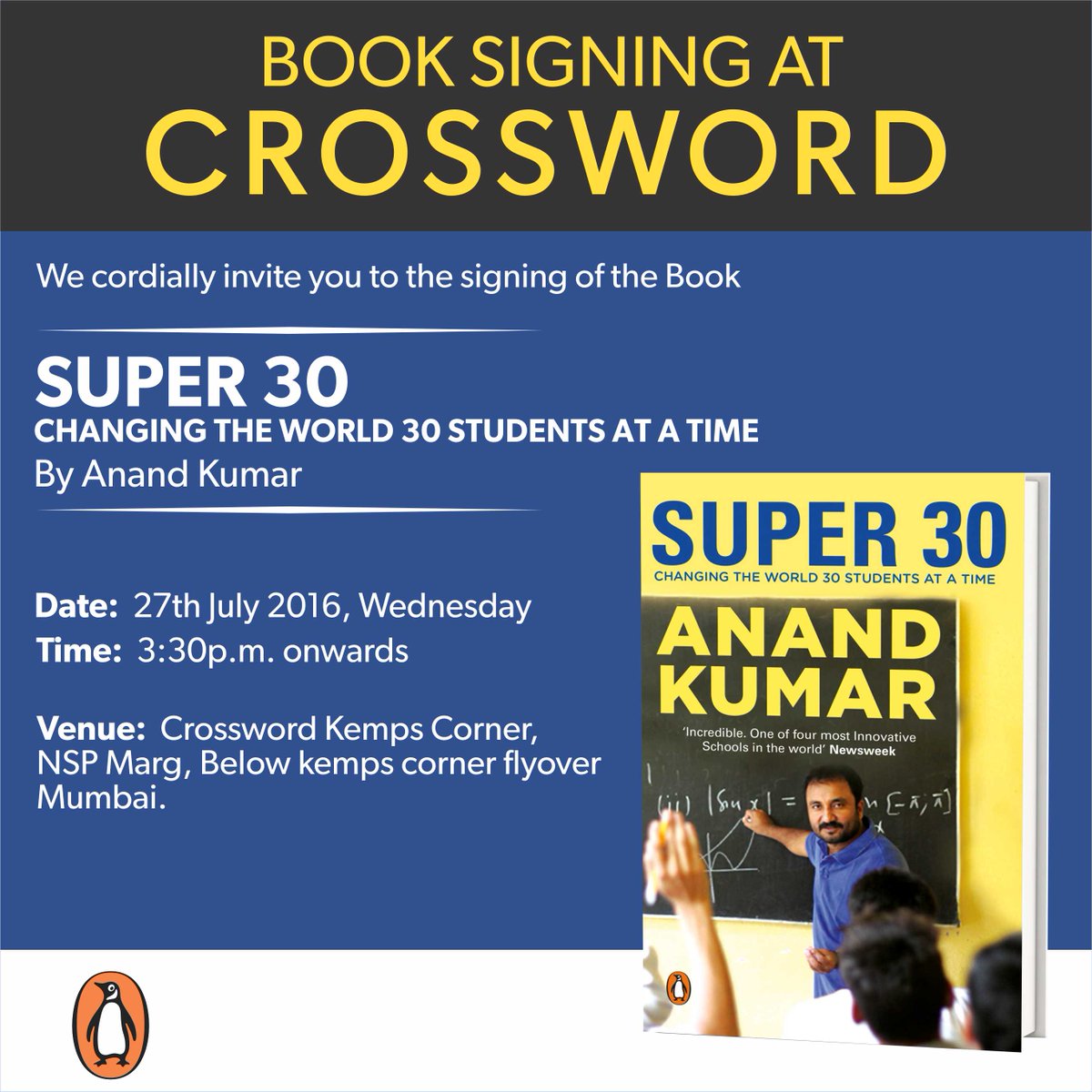 crossword_book's tweet photo. Meet #AnandKumar tomorrow,6:30PM for #BookSigningSession #Super30 #KempsCorner @PenguinIndia @allevents_in https://t.co/LnBy3QtcyL