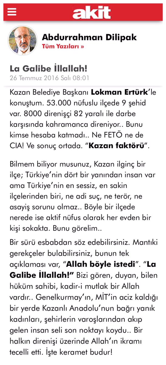 Deneyimli Yazarımız <a href="/aDilipak/">Abdurrahman Dilipak</a> şahsım ve #KahramanKazan 'ımıza desteklerinden dolayı teşekkür ediyorum.