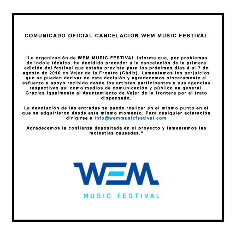 WEMMusicFest's tweet photo. Lamentamos comunicar la cancelación del festival https://t.co/MiWJgDQWsz