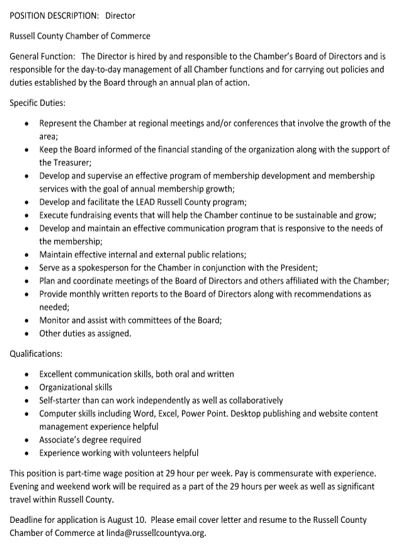 RussellChamber's tweet photo. The Russell County Chamber of Commerce is seeking qualified applicants for the position of Director. See flyer. https://t.co/oU7NrfQrRW