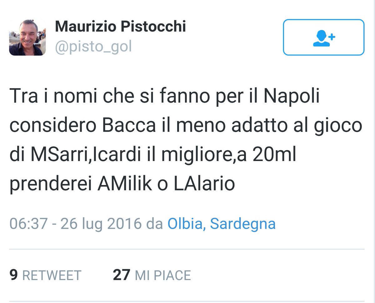Amookeena's tweet photo. Bacca il meno adatto al gioco di MSarri
(26/7/2016)

Se partisse Higuain...penserei a Bacca
(8/6/2015) https://t.co/fuBZDZLFef