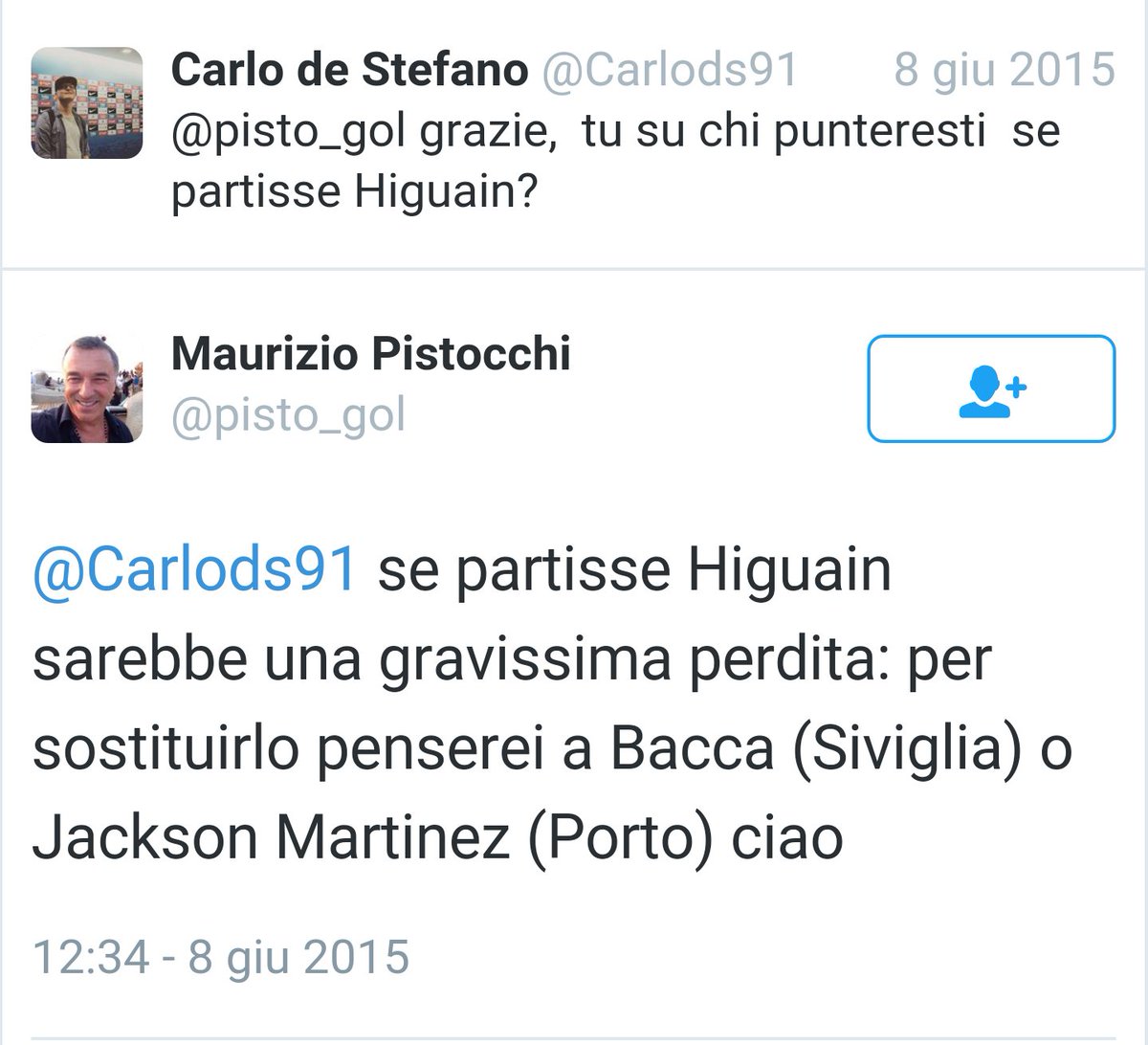 Amookeena's tweet photo. Bacca il meno adatto al gioco di MSarri
(26/7/2016)

Se partisse Higuain...penserei a Bacca
(8/6/2015) https://t.co/fuBZDZLFef