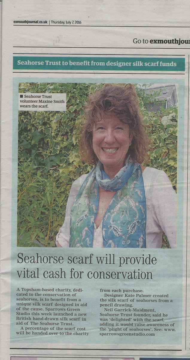 Fantastic coverage in tExmouth Journal, the scarf by Sparrow studios in support of <a href="/seahorsecharity/">The Seahorse Trust</a> <a href="/sparrowsgreens/">Sparrows Green</a>