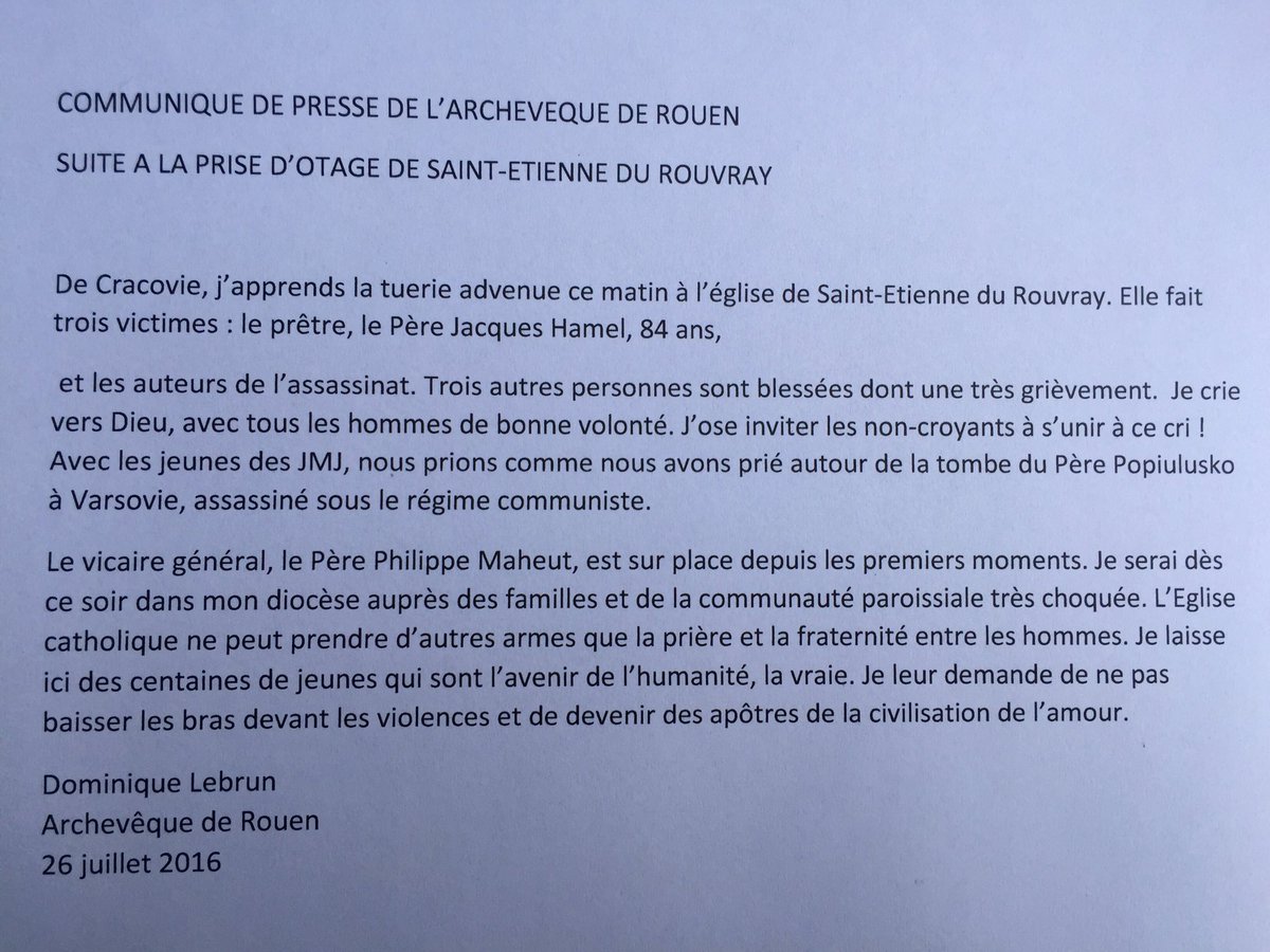  "Je crie vers Dieu !... Ne pas baisser les bras devant les violences" communiqué de Mgr Lebrun (Vidéo : Un prêtre égorgé à Rouvray ...)  CoSJXQ_WcAA2XCS