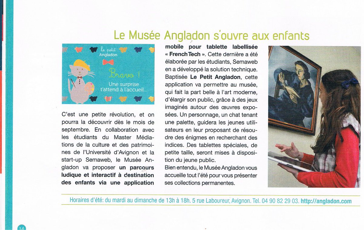 Semaweb's tweet photo. L'application mobile développée par Semaweb pour le #musee #angladon est dans le magazine du @GrandAvignon ! https://t.co/fryI1Hym82