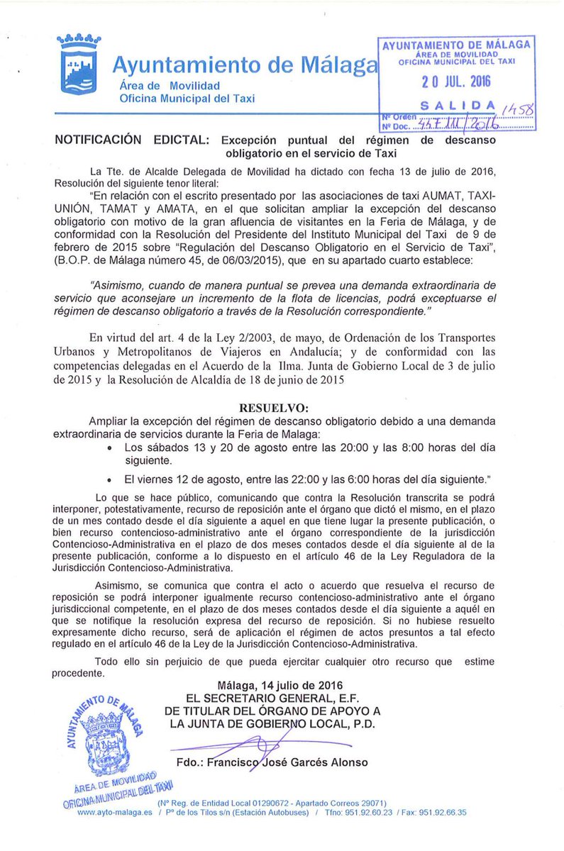 AUMATMalaga's tweet photo. Modificación del descanso para la feria https://t.co/bJaB38wGyR