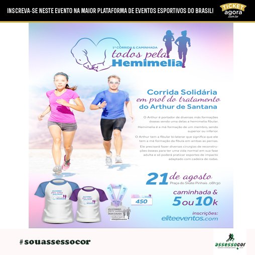 assessocor_br's tweet photo. 1ª CORRIDA E CAMINHADA TODOS PELA HEMIMELIA
Inscrições: https://t.co/896YKVf3LL
#ticketagora #assessocor #corrida https://t.co/sPiC9zeWk7