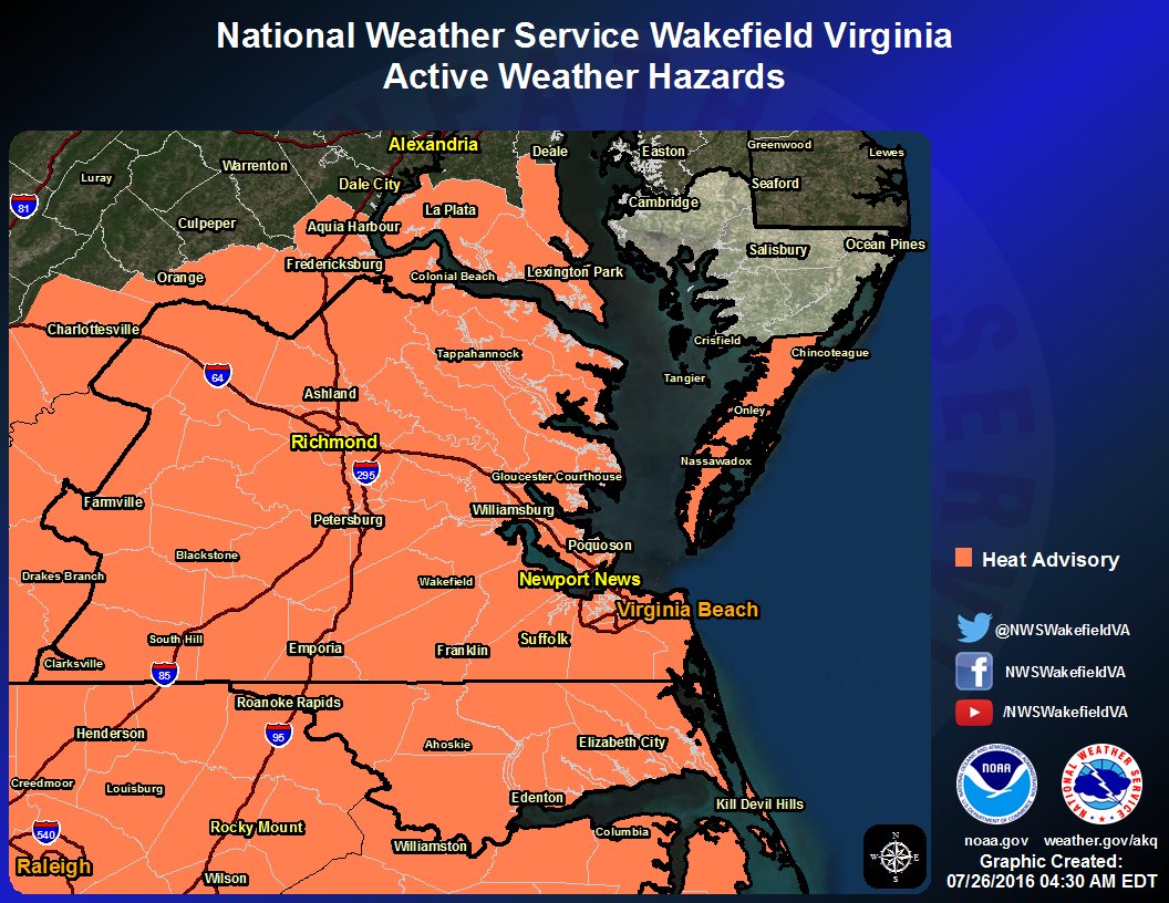 13EvanStewart's tweet photo. RT NWSWakefieldVA "Heat Advisory today for much of the local area. Heat indices 105-108° #vawx #mdwx #ncwx #beatth… https://t.co/x5IIRg5WFk"