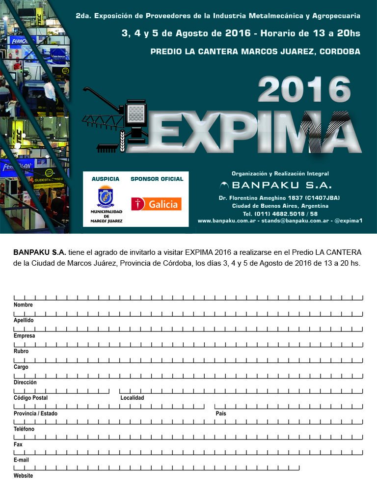 expima1's tweet photo. En la web de @GCMSJZ podés encontrar el listado de expositores de #EXPIMA2016
Te esperamos! Del 3 al 5 en La Cantera https://t.co/pC6Z17oWCK