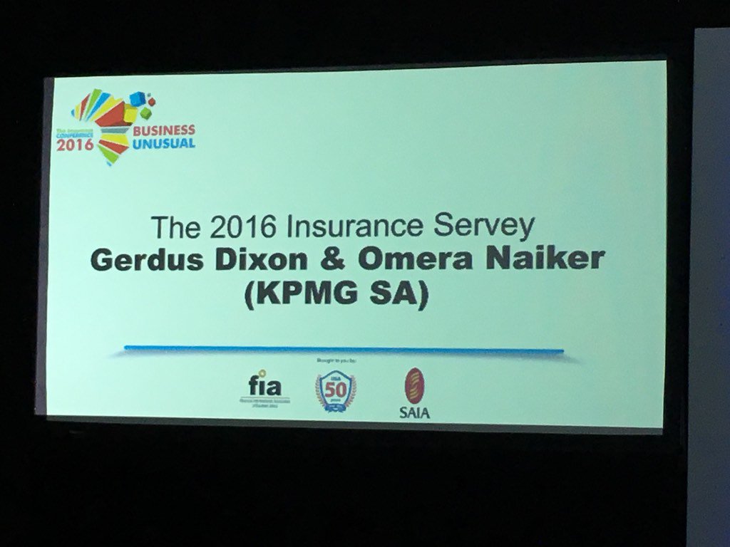 MartaUys's tweet photo. KPMG Omera Naiker and Gerdus Dixon about to speak at the Insurance Conference covering 2016 KPMG survey! #TIC2016 https://t.co/H3WL7N9NBJ