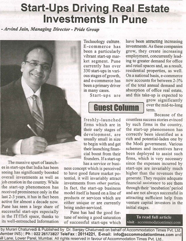 PrideGroupPune's tweet photo. Start-Ups Driving RealEstate Investments In Pune says M.r Arvind Jain in an exclusive article in Accommodation Times https://t.co/O87gt6EK54