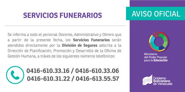 Aviso Oficial: Servicios funerarios del Personal docente, administrativo y obrero del @MPPEDUCACION
