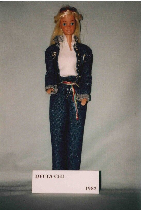 Here is <a href="/TriSigmaUVA/">TRI SIGMA | UVA</a>'s doll from 1982. Do you know when our Delta Chi chapter recolonized? #doll #dolltuesday #denim