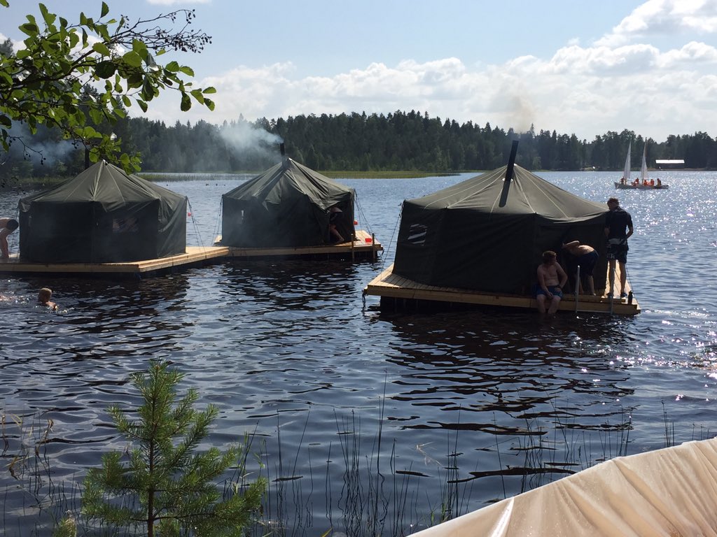 1stWargrave's tweet photo. These are the floating saunas, interesting concept! Bit unstable looking but fine to use. New to Finland #roihu2016 https://t.co/taGiX6xudi