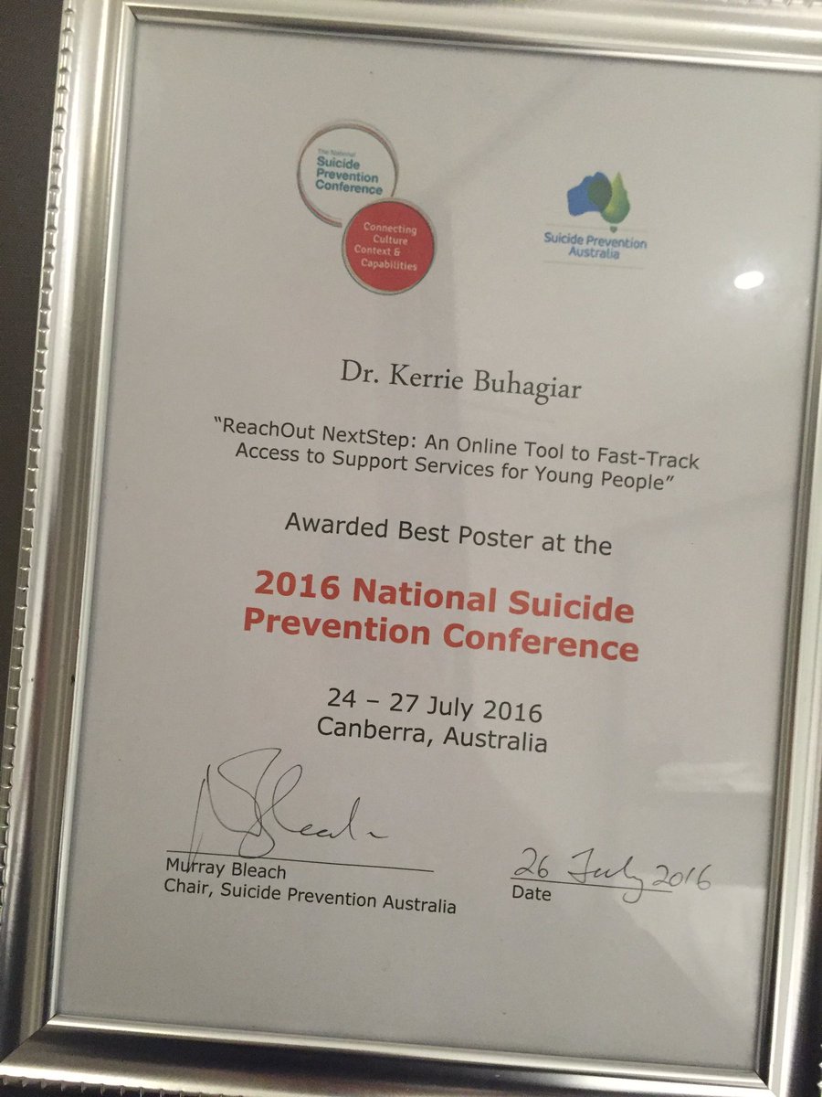 Congrats to <a href="/VictoriaBlake5/">Victoria Blake</a> <a href="/KerrieBuhagiar/">Kerrie Buhagiar</a> <a href="/ReachOut_AUS/">ReachOut Australia</a> 4 Best Poster at the National Suicide Prevention Conf'!