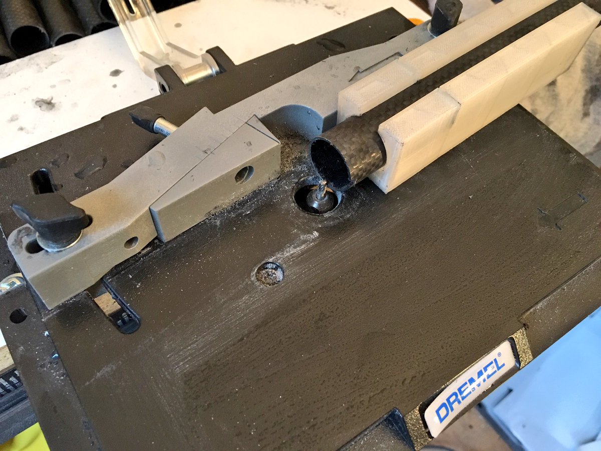 schoonerlabs's tweet image. Cutting and keying CF UAV arms with tile saw and @dremel router. #makingdrones