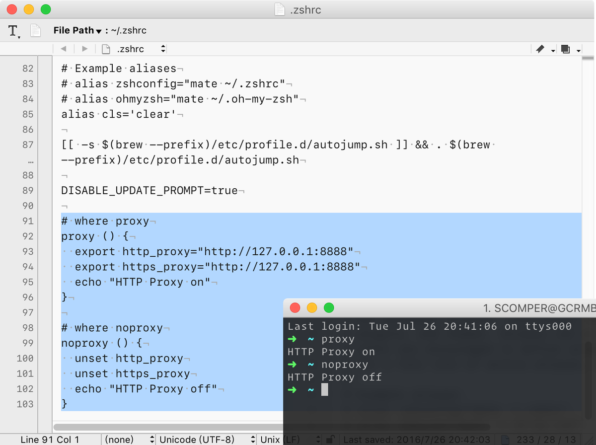scomper's tweet image. zsh 终端中添加代理开关的命令，方便切换和关闭代理，修改~/.zshrc 文件如图示补充命令保存。  感谢@welladamm 提供的命令行。