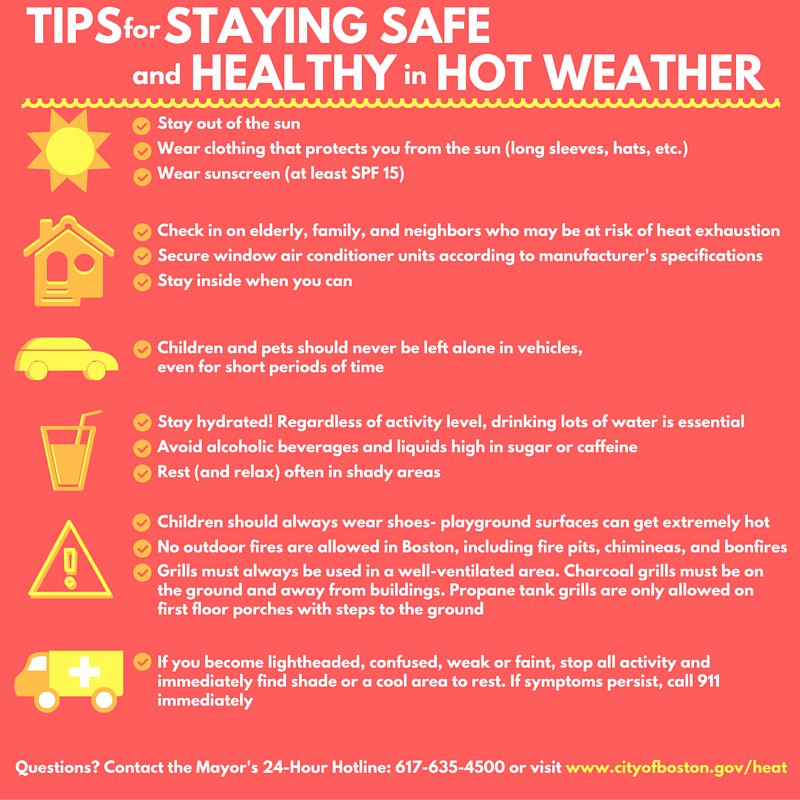 HealthyBoston's tweet photo. Stay safe and healthy on hot days! Check out this infographic for tips: #staycool #SunOnSun #BeatTheHeat https://t.co/yvmVd94kel