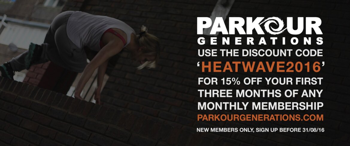 PKGenerations's tweet image. 15% discount on all Parkour Academy Memberships this summer! Use code #heatwave2016 parkourgenerations.com/feel-the-heat/