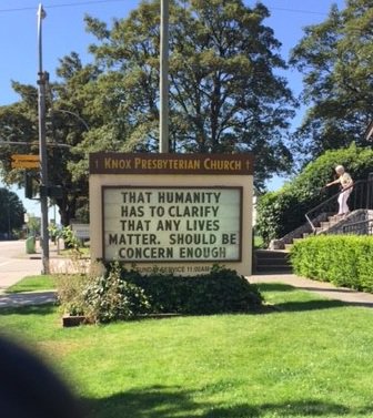 A very interesting sign spotted at the Knox Presbyterian Church in Sapperton #NewWestminster