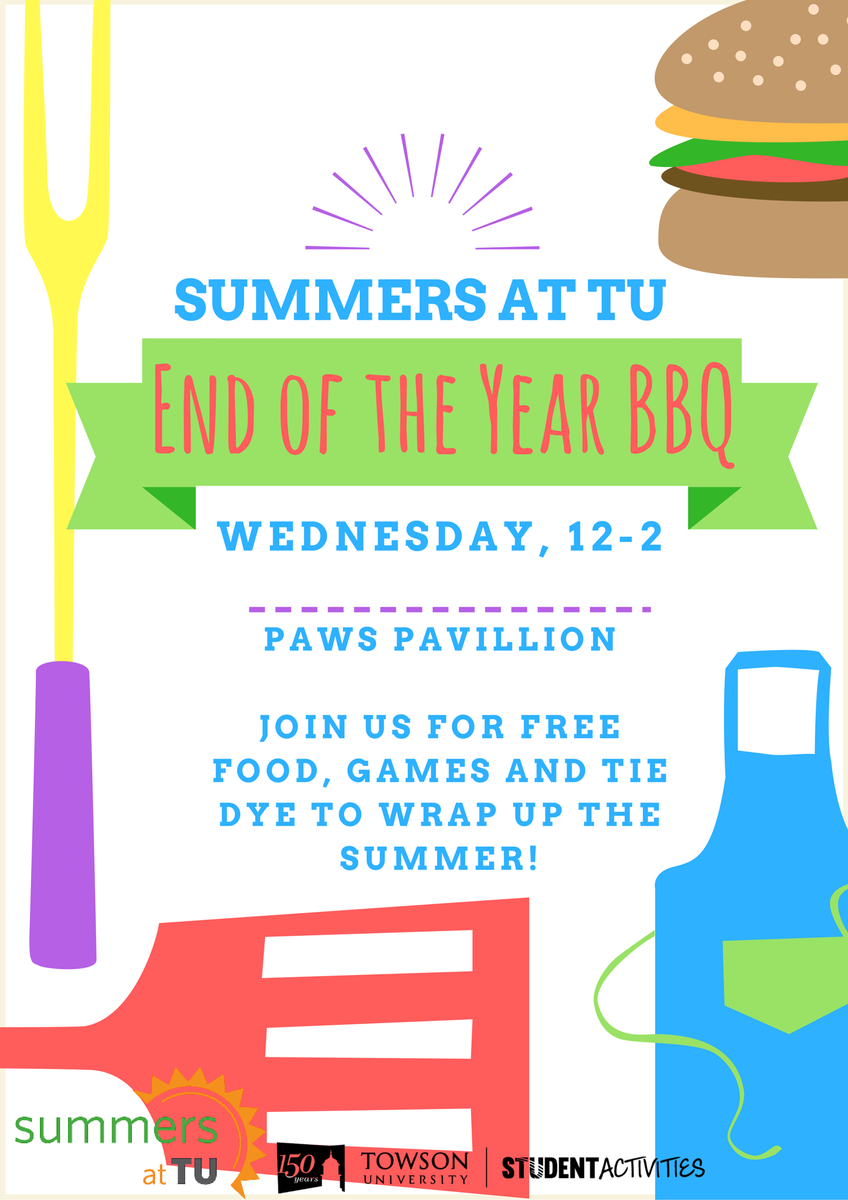 SummersAtTowson's tweet photo. Our End of the Summer BBQ is TOMORROW from 12-2 at Paws Pavillion! We will have tons of free food, games and more! https://t.co/bg2J7CySHm
