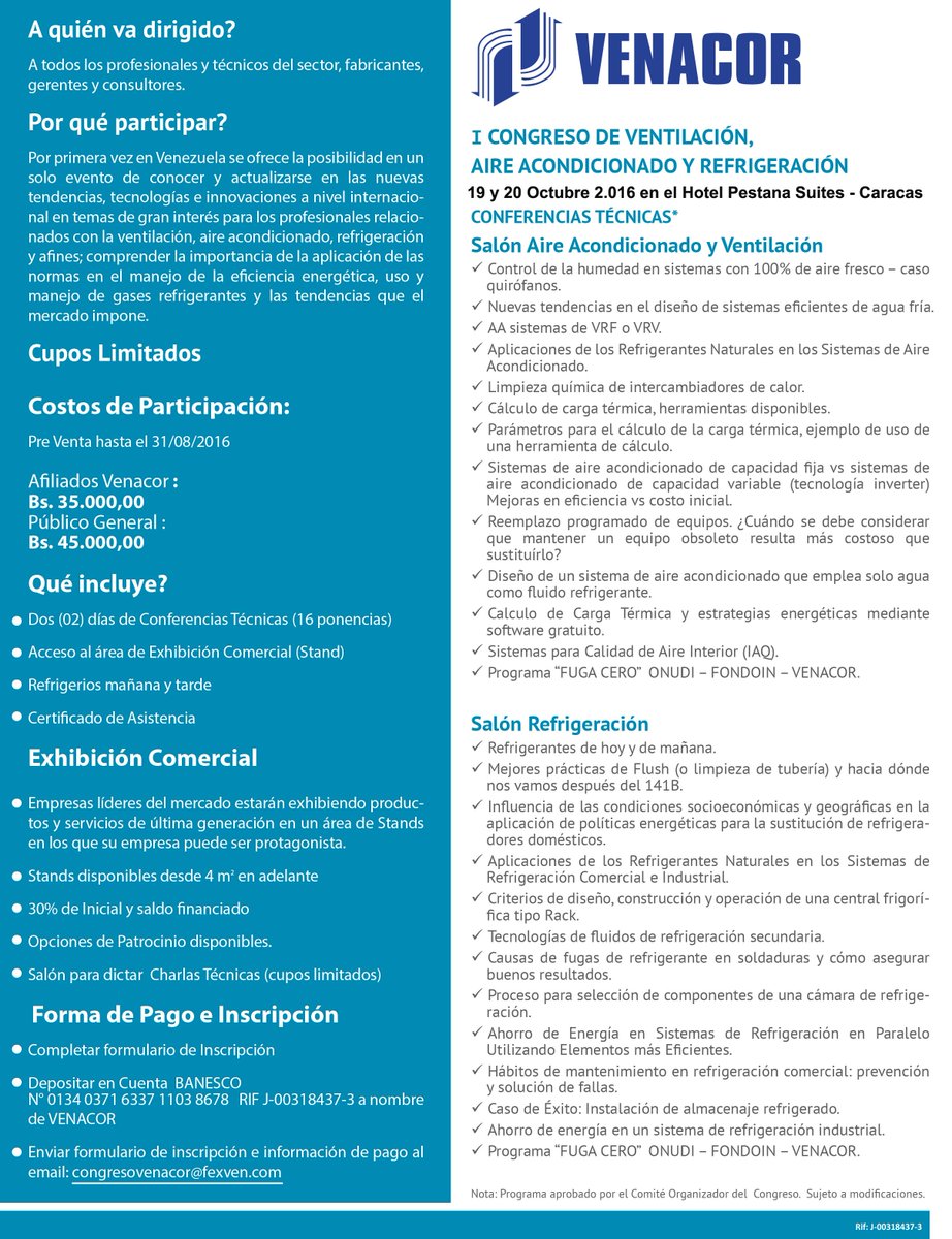 RevistaVenacor's tweet photo. #CongresoVenacor2016 19 y 20 de Octubre @Pestana_Caracas Programa de Conferencias. Inscripciones Abiertas #PreVenta https://t.co/evpNJMRPxS