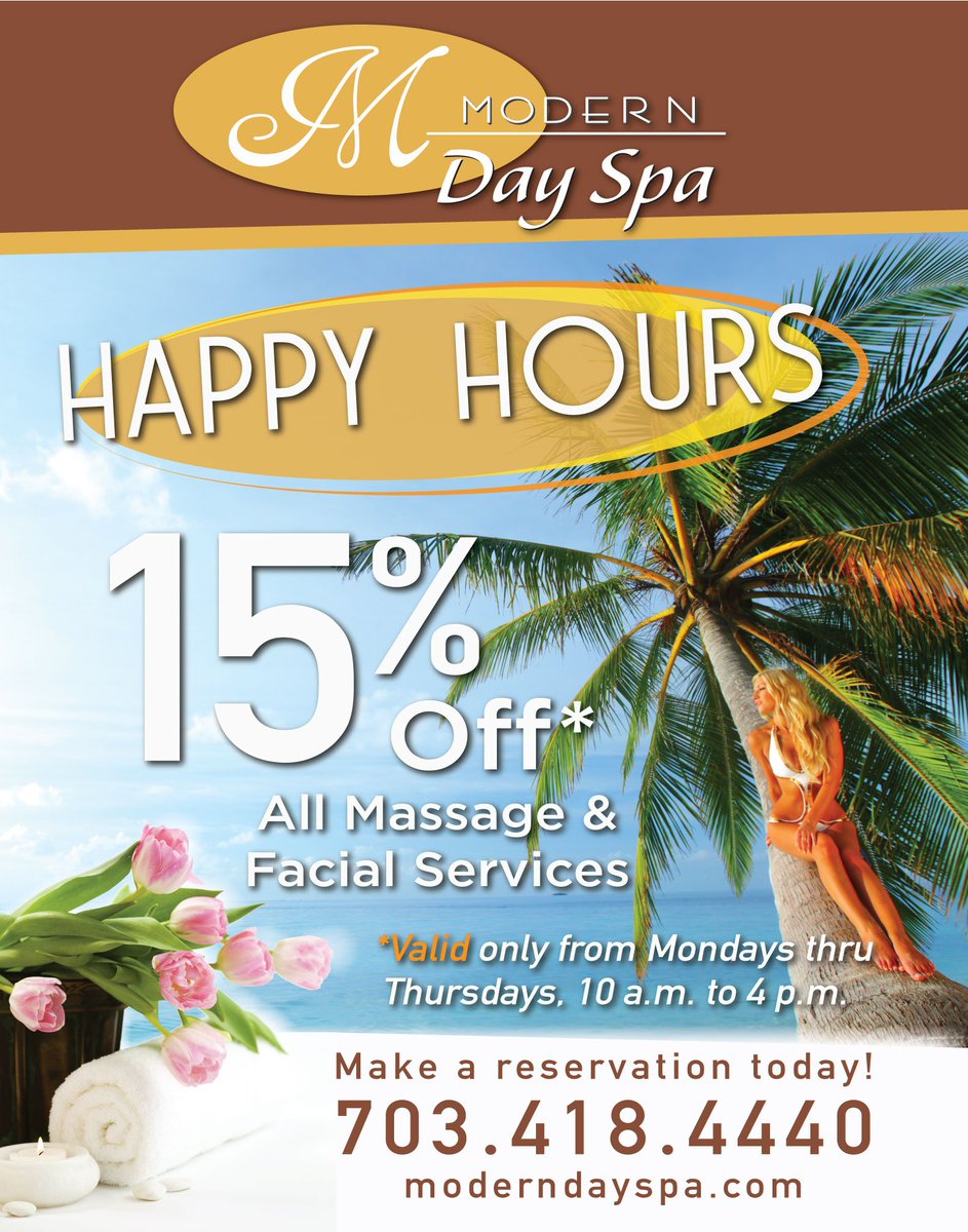 ModernCo's tweet image. Get 15% Off on our Massage and Facial services when you come during our Happy Hours. Mon-Thur from 10 a.m. to 4 p.m.