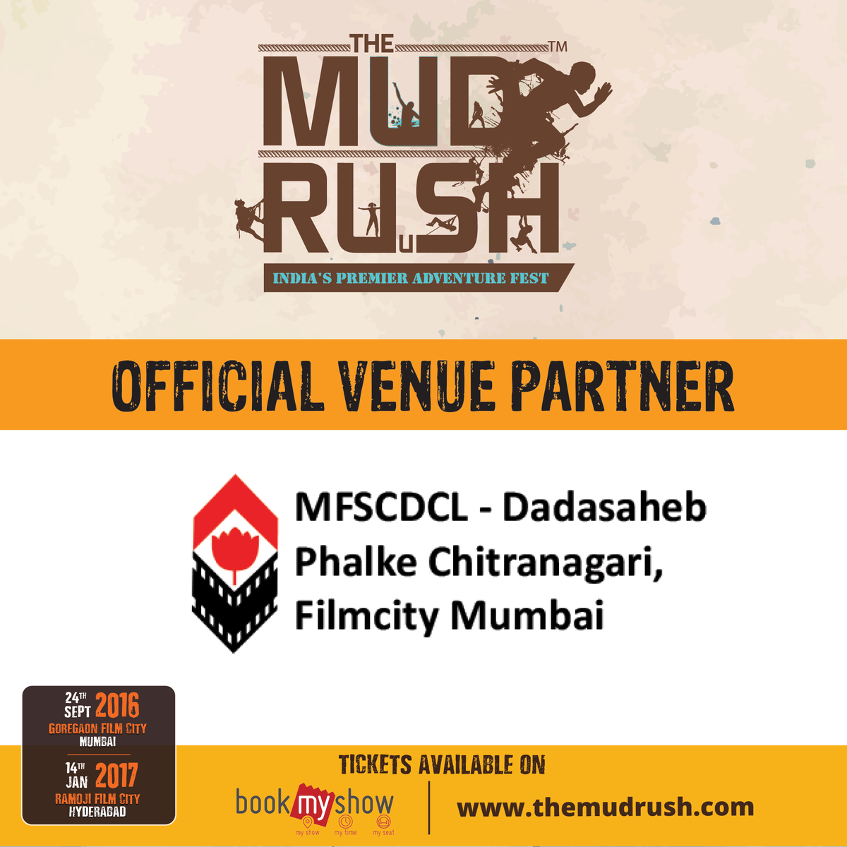 TheMudRush's tweet photo. We are proud to present our Official Venue Partner #DadasahebPhalkeChitranagari #FILMCITY #Mumbai
#TheMudRush2016 https://t.co/XVxmR7wcyk
