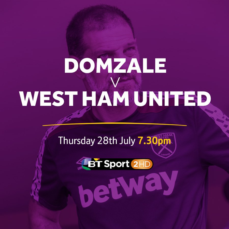 ⚽️ <a href="/NKDomzale/">NK Domžale</a> v <a href="/whufc_official/">West Ham United</a>
📅 Thursday
🕢 7.30pm
📺 <a href="/btsport/">TNT Sports</a> 2 
🏆 <a href="/EuropaLeague/">UEFA Europa League</a>