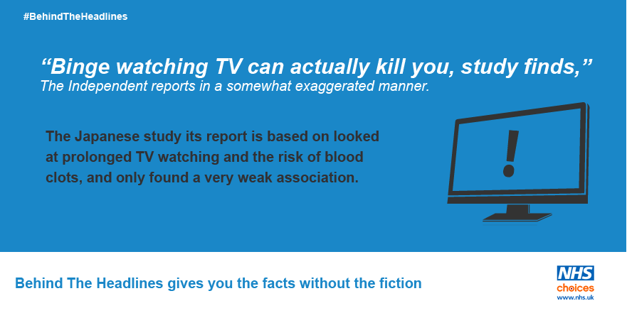 NHSuk's tweet photo. 'Netflix and kill?' Binge watching box-sets linked to blood clots:  https://t.co/rWnZOc1Q8H #BehindTheHeadlines https://t.co/gMvAlSPGbm