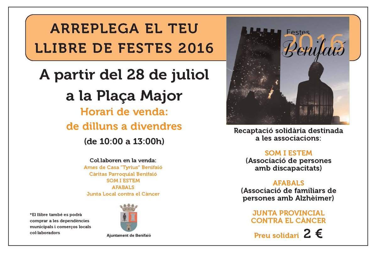 MartaBenifaio's tweet photo. El 28 de juliol ja pots comprar el  Llibre de Festes 2016 al preu solidari de 2€ #afabals #somiestem #Càncer #festes https://t.co/kuPOz8rPqs