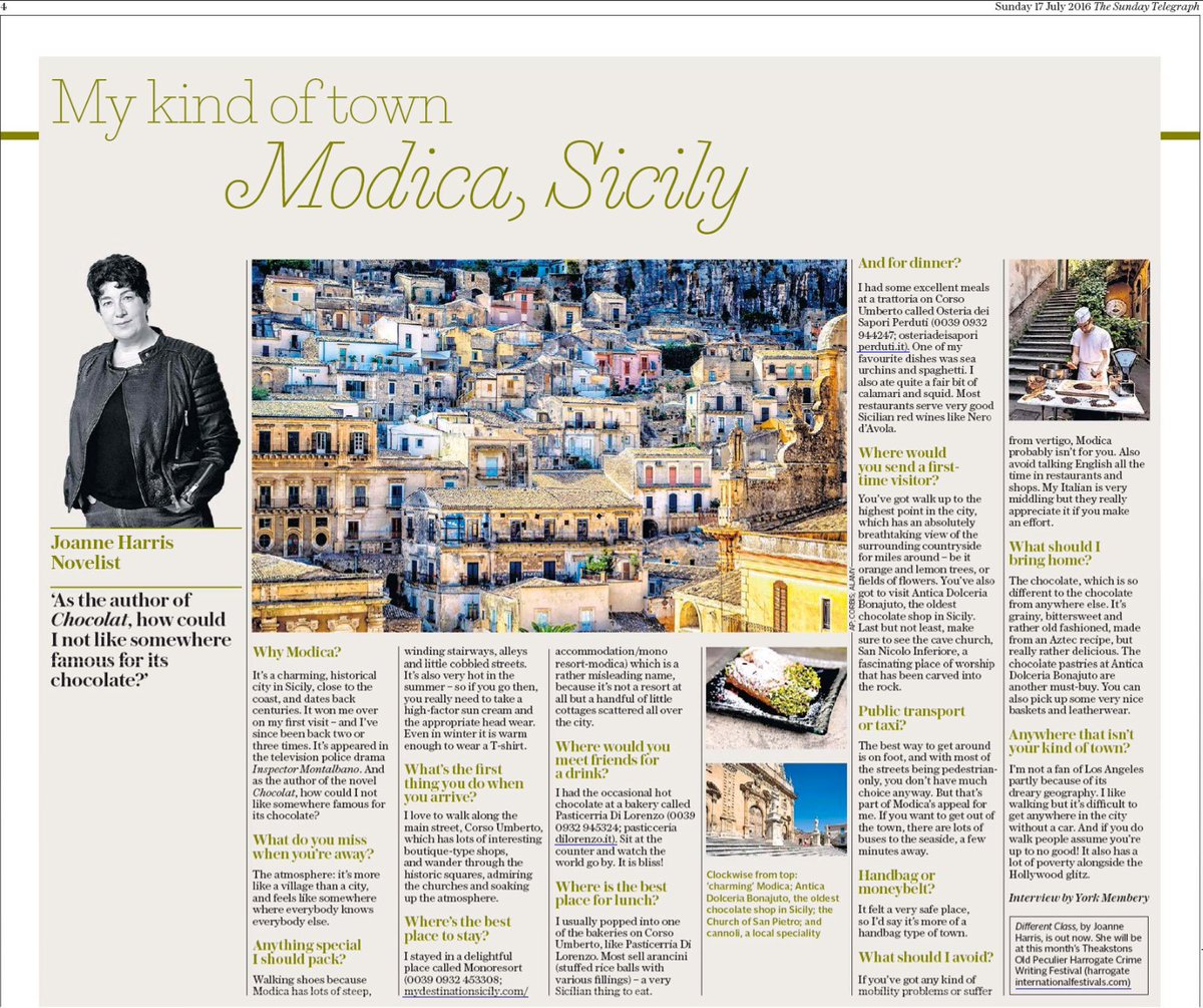 bonajuto's tweet image. L'edizione cartacea del Telegraph in cui l'autrice di Chocolat, Joanne Harris parla di Modica e di Bonajuto #Modica
