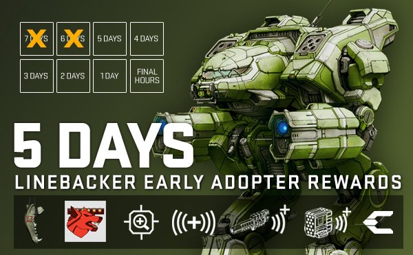 MechWarriorF2P's tweet photo. 5 Days Left to Qualify for Linebacker Early Adopter Rewards! #MWO 
https://t.co/KCAHjw2r8G https://t.co/t2evA2PlLa