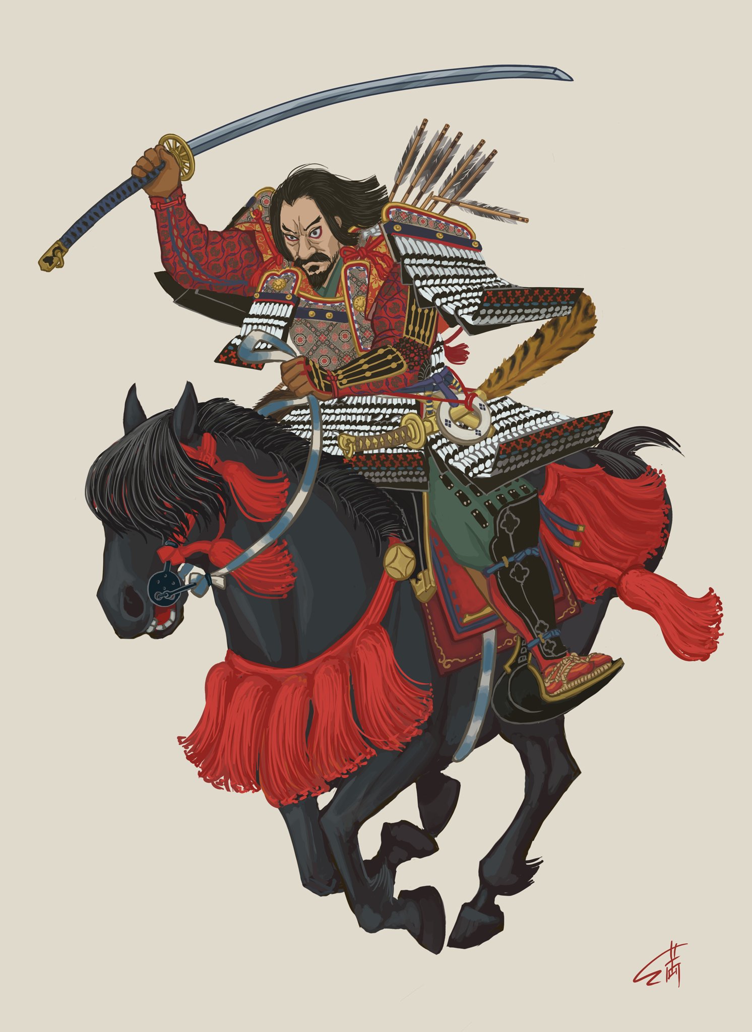 古部左馬介満敬 Samanokami0122 このイラストでは省略したが 興味深いのはこの武者の鎧の縅は白糸縅ではなく 唐綾縅の可能性がある事 よく見ると金色でうっすらと模様が描かれて見える 単なる白糸では無いことを匂わせる T Co Pcwps1bebc