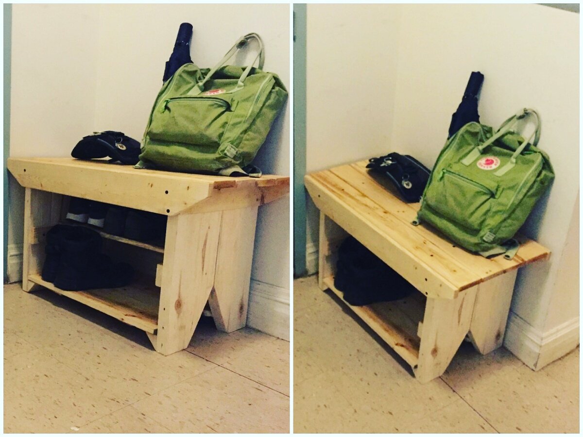 reypurposed's tweet photo. An in-place look at the #bench (w/ two-tiered #shoerack) I made for my old college classmate. #diy #pallets #upcycle https://t.co/JQuF4216bC