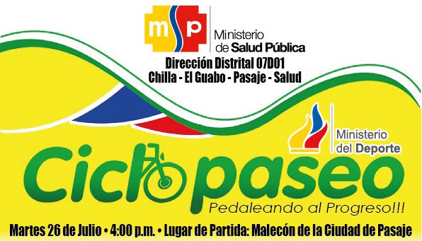 elpasajeno's tweet photo. Distrito 07D01 Salud invita al #CicloPaseo "Pedaleando a El Progreso" a las 16:00 explanada del Malecón #Pasaje https://t.co/n6DYJC5Aim