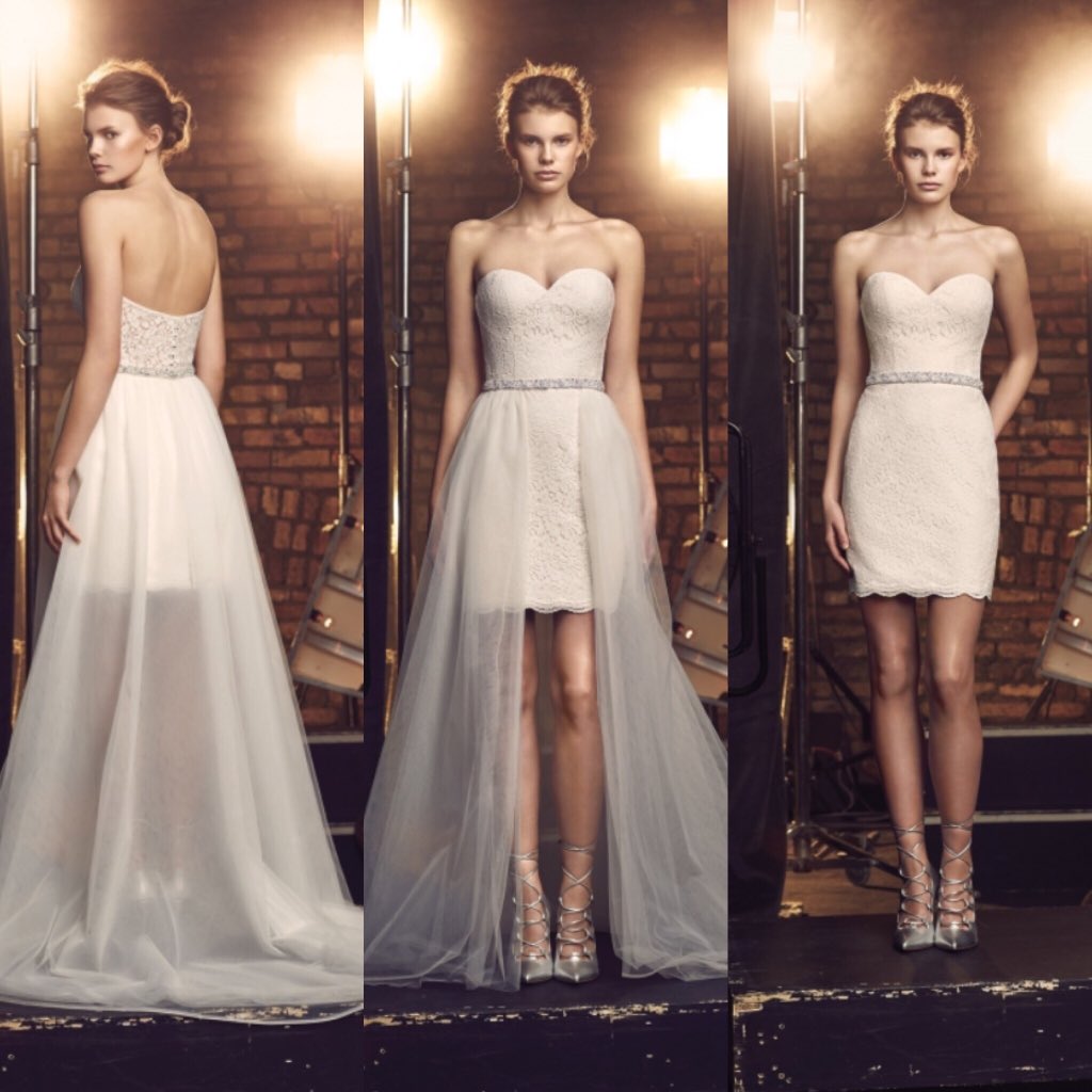 ClaraBridal's tweet photo. This dress is simply perfect for destination wedding! Comes w/detachable tulle overskirt &amp; beaded belt at waist. https://t.co/p7eL8XMWDR