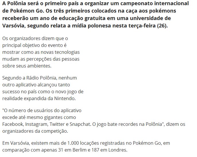 Pokemon_Go_Bras's tweet photo. Polônia sediará primeiro campeonato internacional de Pokémon Go.
#WeWantPokemonGOForBrazil 
#PokemonGOBrasil https://t.co/bOVIY8GA19