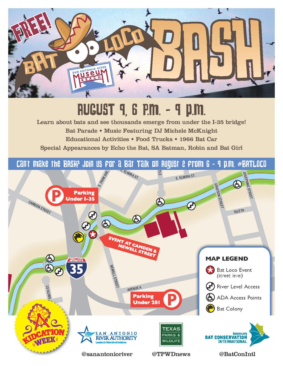 sanantonioriver's tweet photo. Only ONE WEEK away from start of #BatLoco series! Aug. 9 Bat Loco Bash now part of @OurKidsMagazine #KidcationWeek https://t.co/BJQl7jDrYt