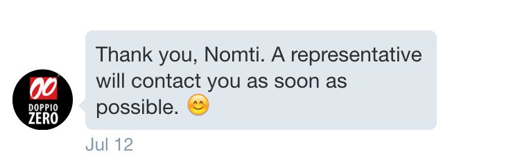 Nomtizzle's tweet photo. @DoppioZeroSA is this how quickly you respond to disgruntled customers?? #waitingforgodot https://t.co/R8phjoZfve