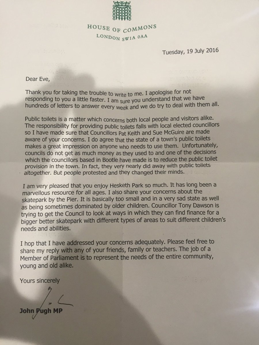 Reureu's tweet image. @MrAntell @FrjsJun Eve was inspired by Mr Pugh's recent visit and wrote to him about her concerns.