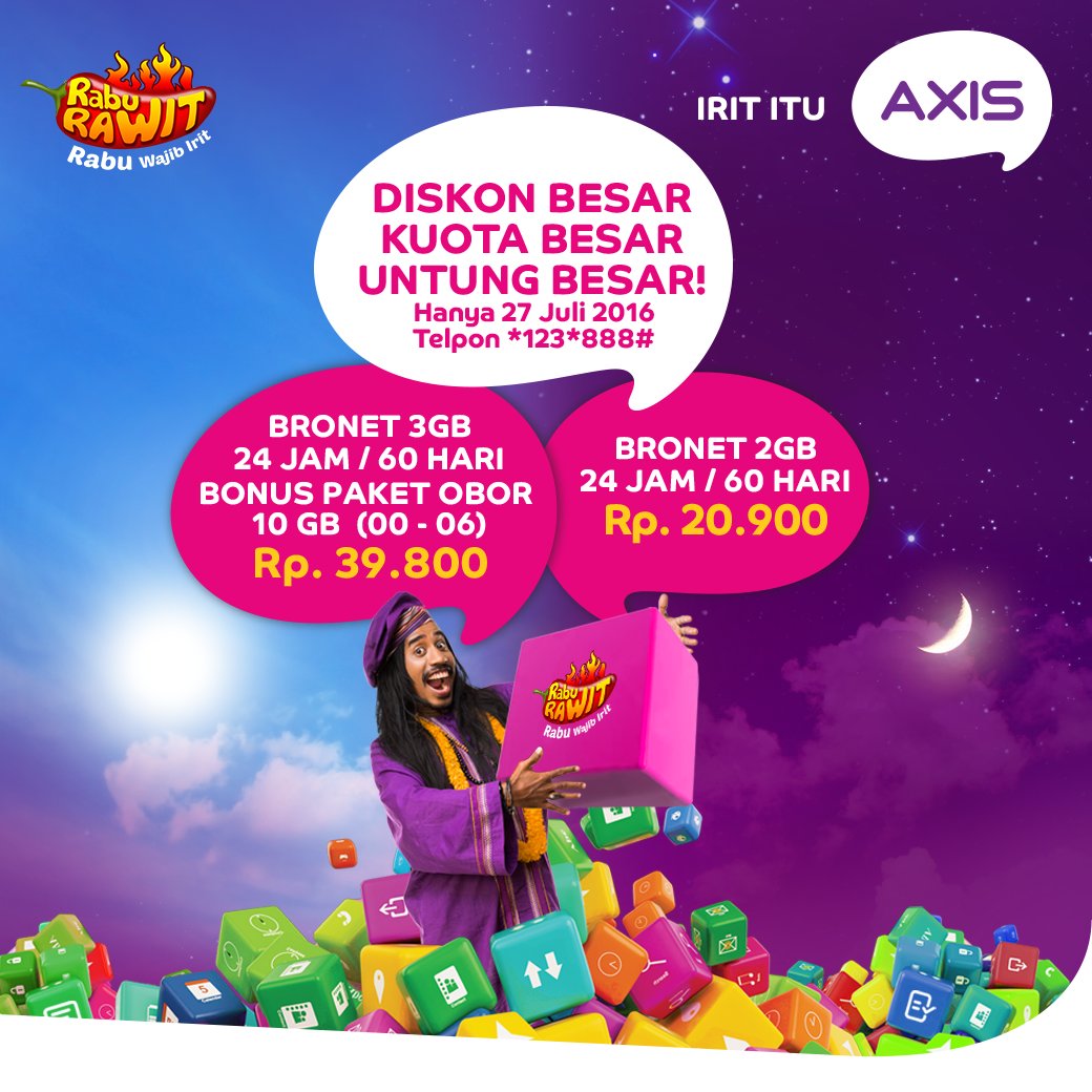 AXIS_NTB's tweet photo. #RabuRawit
BRONET 3GB/60HR, 24 JAM BONUS OBOR 10GB (00-06) Rp 39800
BRONET 2GB/60HR, 24 JAM Rp 20900
Tlp *123*888# https://t.co/c112yt8EDs