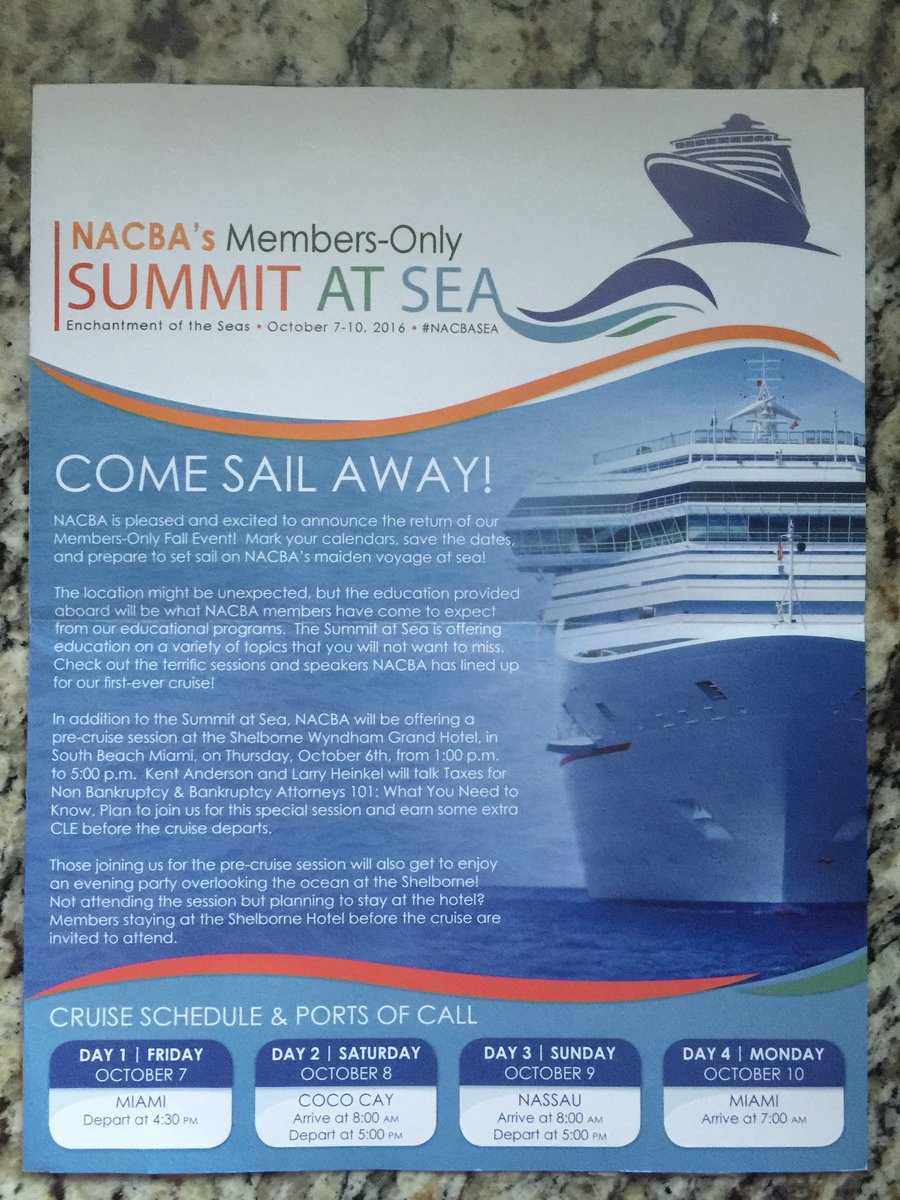 DCLaBert's tweet photo. Come Sail Away w/ @NACBAorg The 2016 Members Only Fall Workshop is two months away #bankruptcy #studentdebt https://t.co/UdABsOjWEy