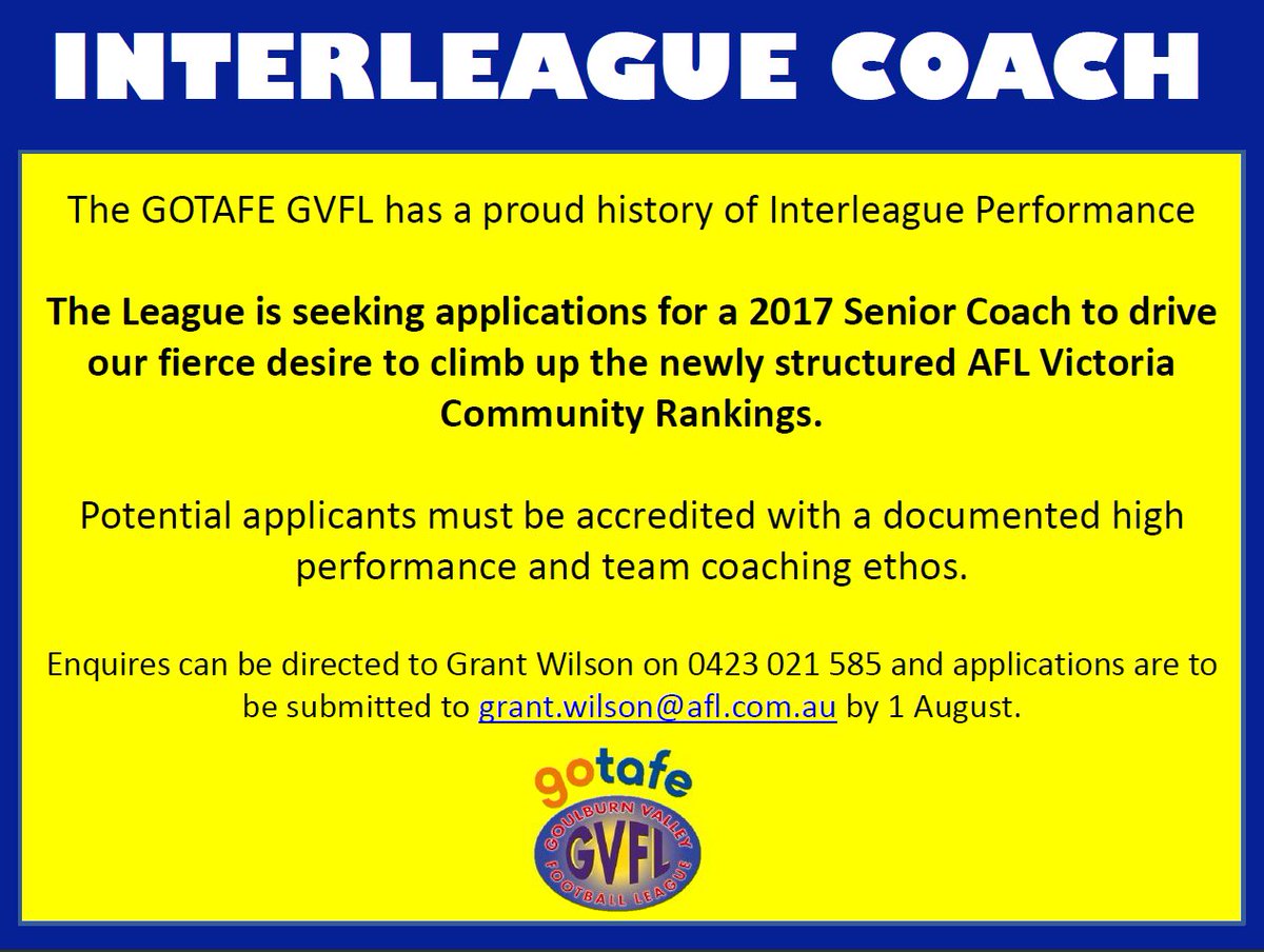 GVLeague's tweet photo. Looking to coach a representative team? Here is a great opportunity not to be missed @aflvic #coaching #WSCC17 https://t.co/6uhRtgKF20