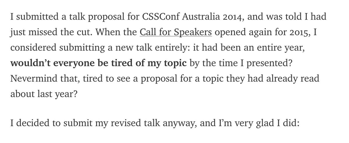 kennethormandy's tweet image. If you’ve had talk proposals turned down before—well, me too. Still submit to @cssconfau.
medium.com/@kennethormand…