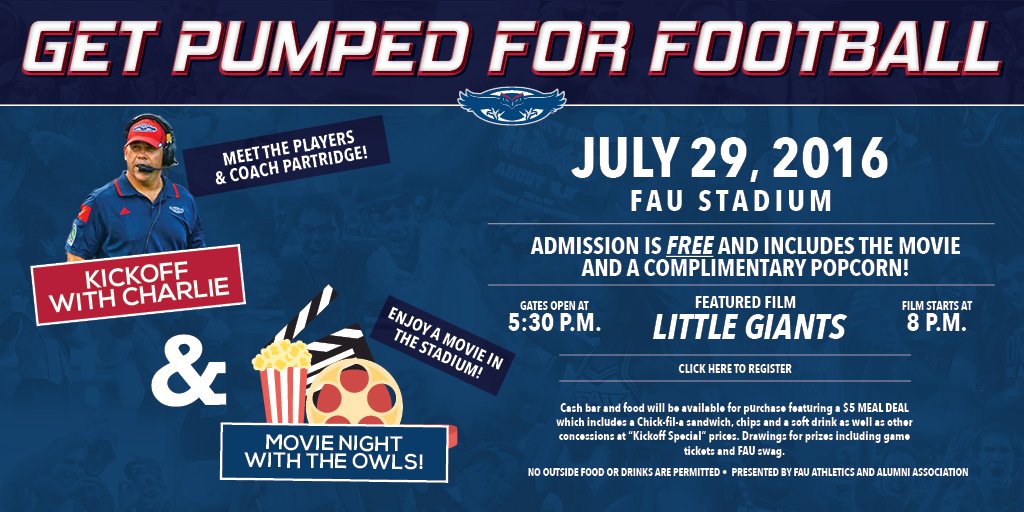 FAUAthletics's tweet photo. Tonight! Come see a movie and meet @CoachPartridge at FAU Stadium! 

RSVP--->https://t.co/FIqAit0mfL https://t.co/z9MvAykiDy