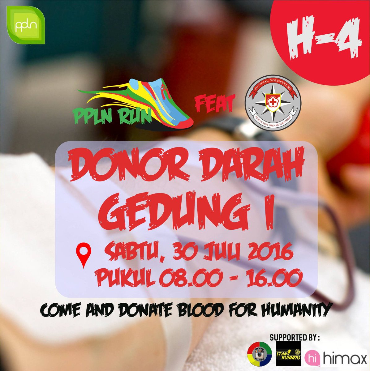 📣📣📣Come and Donate Your Blood for Humanity📣📣📣
📆Sabtu 30 Juli 2016, 08.00-16.00 WIB
🏢Gedung I, PKN STAN
#PPLNRUN2K16