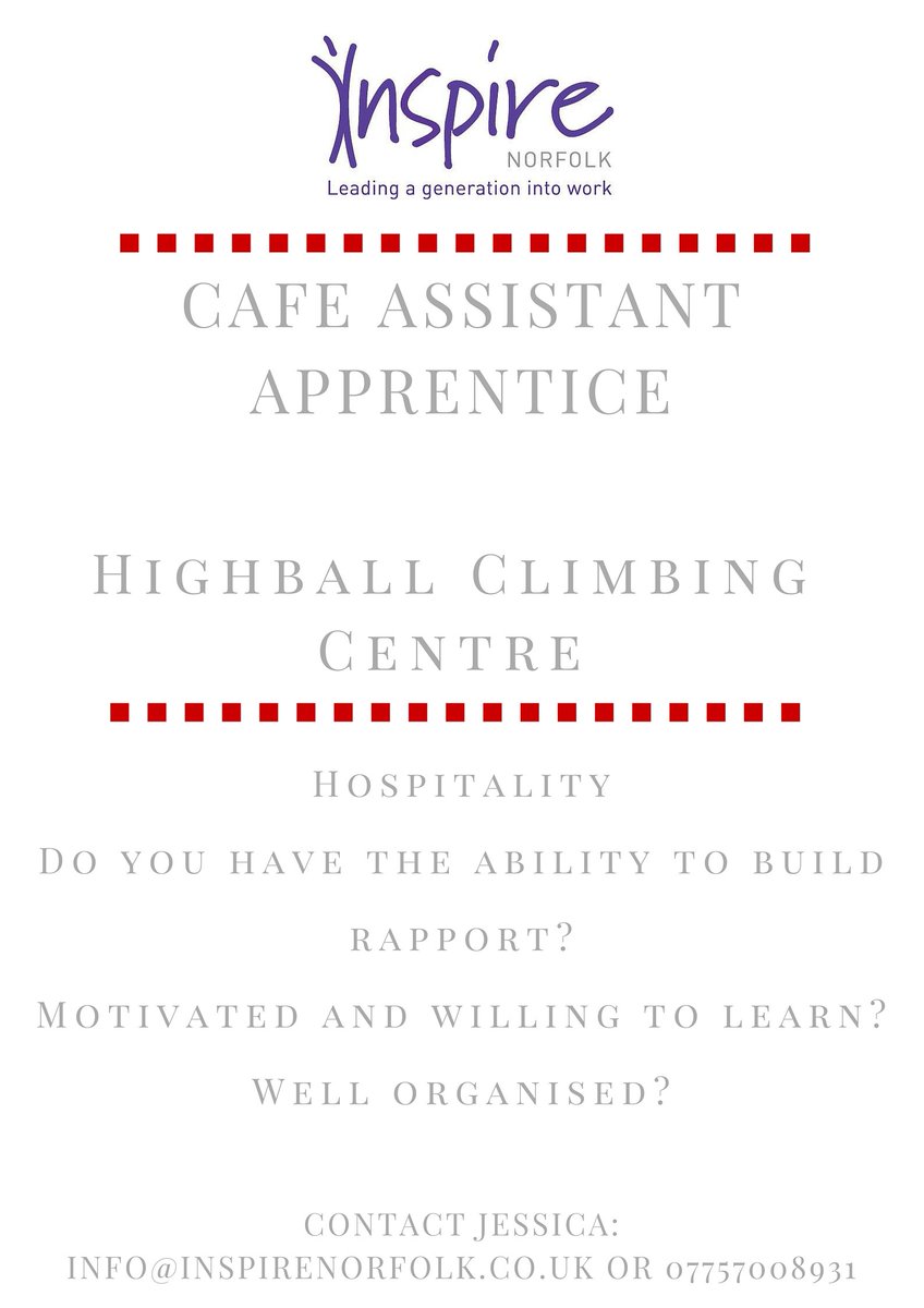 Cafe Assistant Apprentice - Highball Climbing Centre buff.ly/2a2YtWK Contact: info@inspirenorfolk.co.uk