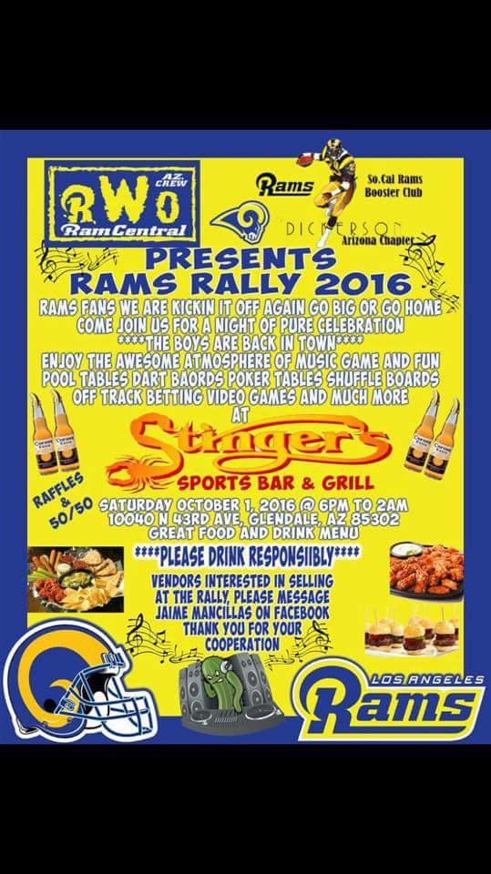 SoCalRamsClub's tweet photo. Come and join us for Rams Rally 2016 on Oct 1. Hosted by So Cal Rams Booster Club &amp; RWO Arizona Chapter. https://t.co/Yf1UDlFlJZ